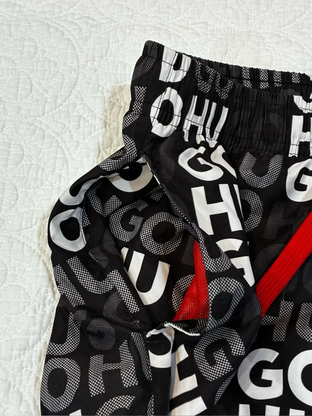 HUGO Boss Mens Swim Trunks Fame Allover Logo Print Board Shorts Black Red S
